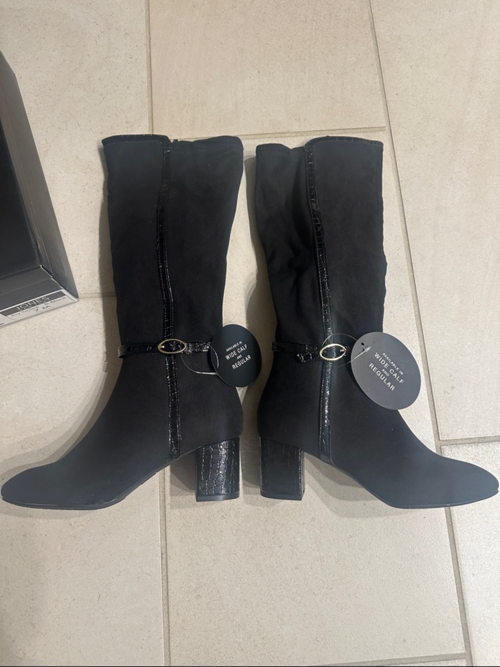 NWT Jones New York Black Mid-Calf Block Heel Boots with Buckle Detail